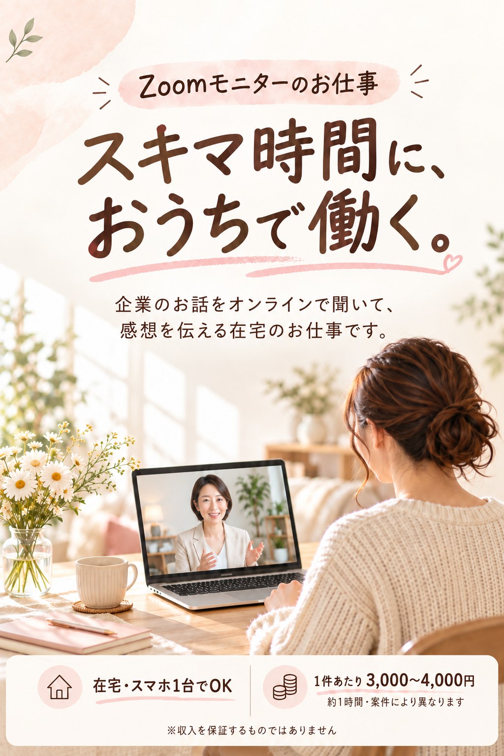 スキマ時間に、おうちで働く。Zoomモニターのお仕事。特別なスキルや経験は必要ありません。企業のお話をオンラインで聞いて、感想を伝えるだけの在宅のお仕事です。在宅・スマホ1台でOK、1件あたり¥3,000〜4,000（約1時間・例）。